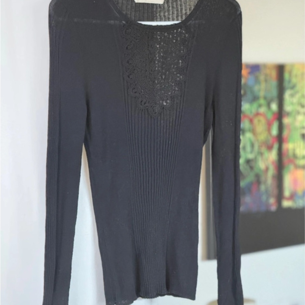 Ulla Johnson Black Ribbed Long-Sleeve Top with Lace Yoke